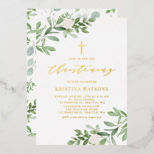 Waterverf Greenery en White Flowers Christening Folie Uitnodiging
