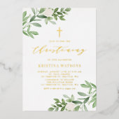 Waterverf Greenery en White Flowers Christening Folie Uitnodiging (Voorkant)