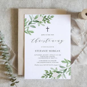 Waterverf Greenery en White Flowers Christening Kaart