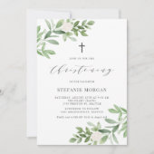 Waterverf Greenery en White Flowers Christening Kaart (Voorkant)