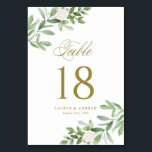 Waterverf Greenery en White Flowers Gold Kaart<br><div class="desc">Waterverf groen en witte bloemen goud gepersonaliseerde tafelnummers. Voeg een grillig en botanisch accent toe aan uw evenement met de aanpasbare groene tafelnummers. Het is voorzien van waterverf afbeeldingen van witte bloemen en bladeren. Deze bloementafel nummers zijn perfect voor elk evenement.</div>