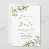 Waterverf Greenery en White Flowers Gold Save The Date (Voorkant)