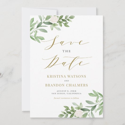 Waterverf Greenery en White Flowers Gold Save The Date (Voorkant)