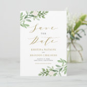 Waterverf Greenery en White Flowers Gold Save The Date (Staand voorkant)