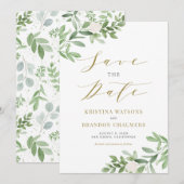 Waterverf Greenery en White Flowers Gold Save The Date (Voorkant / Achterkant)