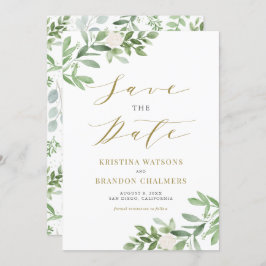 Waterverf Greenery en White Flowers Gold Save The Date