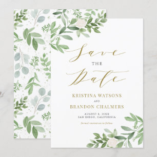 Waterverf Greenery en White Flowers Gold Save The Date