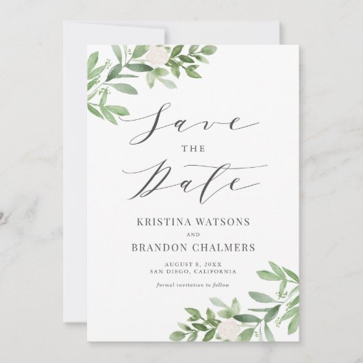 Waterverf Greenery en White Flowers Grey Save The Date (Voorkant)