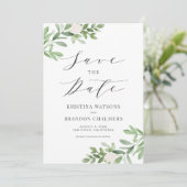 Waterverf Greenery en White Flowers Grey Save The Date (Staand voorkant)