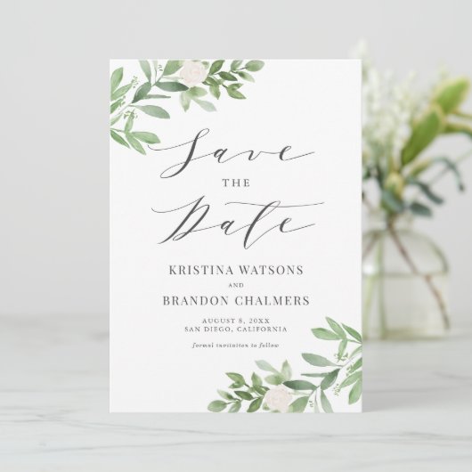 Waterverf Greenery en White Flowers Grey Save The Date (Staand voorkant)