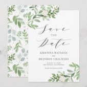 Waterverf Greenery en White Flowers Grey Save The Date (Voorkant / Achterkant)