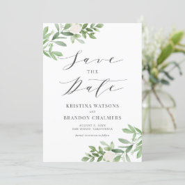 Waterverf Greenery en White Flowers Grey Save The Date