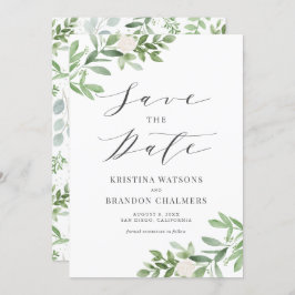 Waterverf Greenery en White Flowers Grey Save The Date