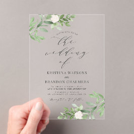 Waterverf Greenery en White Flowers Grey Wedding Acryl Uitnodigingen
