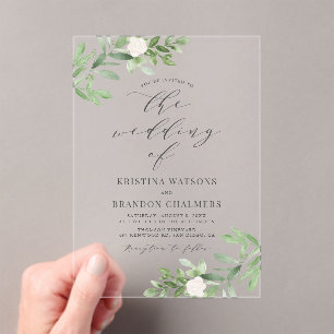 Waterverf Greenery en White Flowers Grey Wedding Acryl Uitnodigingen