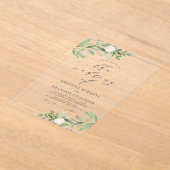 Waterverf Greenery en White Flowers Grey Wedding Acryl Uitnodigingen (Laagn)