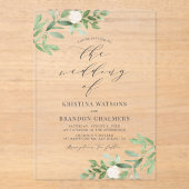 Waterverf Greenery en White Flowers Grey Wedding Acryl Uitnodigingen (Voorkant)