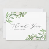 Waterverf Greenery en White Flowers Grey Wedding Bedankkaart (Voorkant)