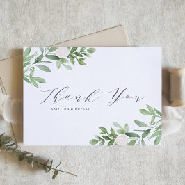 Waterverf Greenery en White Flowers Grey Wedding Bedankkaart