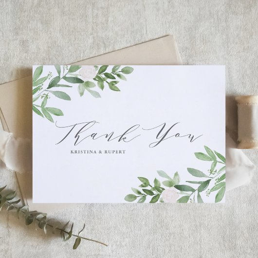 Waterverf Greenery en White Flowers Grey Wedding Bedankkaart