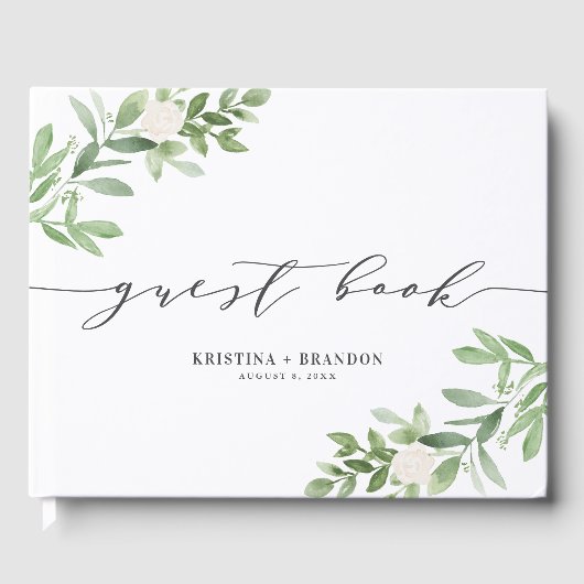 Waterverf Greenery en White Flowers Grey Wedding Gastenboek (Voorkant)