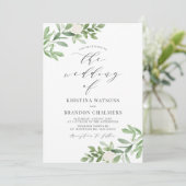 Waterverf Greenery en White Flowers Grey Wedding Kaart (Staand voorkant)