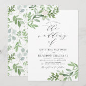 Waterverf Greenery en White Flowers Grey Wedding Kaart (Voorkant / Achterkant)