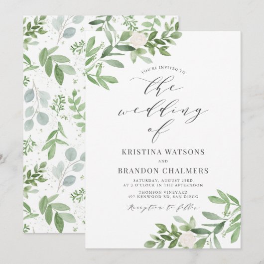 Waterverf Greenery en White Flowers Grey Wedding Kaart (Voorkant / Achterkant)