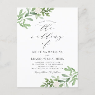 Waterverf Greenery en White Flowers Grey Wedding Uitnodiging Briefkaart