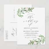Waterverf Greenery en White Flowers Grey Wedding Uitnodiging Briefkaart (Voorkant / Achterkant)