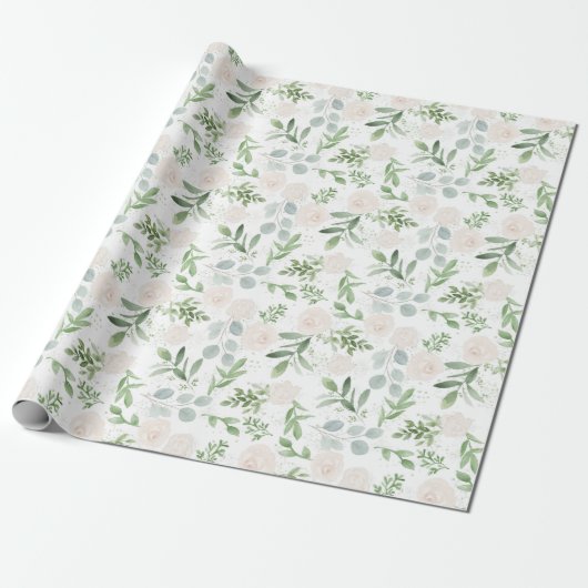 Waterverf Greenery en White Flowers Pattern Cadeaupapier (Uitgerold)
