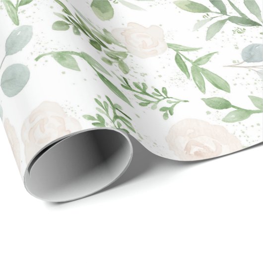 Waterverf Greenery en White Flowers Pattern Cadeaupapier (Rol Hoek)