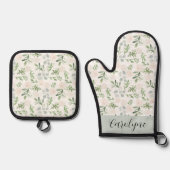 Waterverf Greenery en White Flowers Pattern Ovenwant & Pannenlap Set (Voorkant)