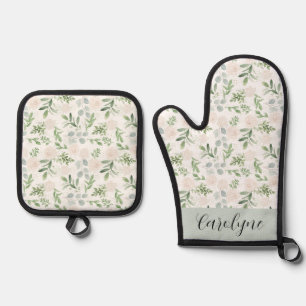 Waterverf Greenery en White Flowers Pattern Ovenwant & Pannenlap Set