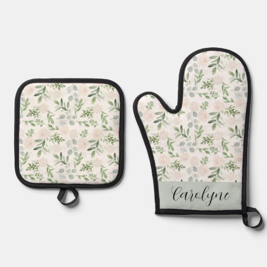 Waterverf Greenery en White Flowers Pattern Ovenwant & Pannenlap Set (Voorkant)