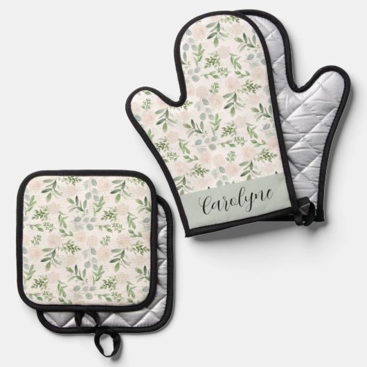 Waterverf Greenery en White Flowers Pattern Ovenwant & Pannenlap Set (Voorkant / Achterkant)