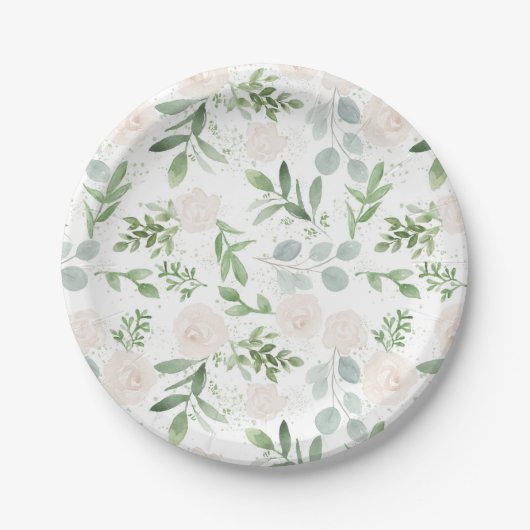 Waterverf Greenery en White Flowers Pattern Papieren Bordje (Voorkant)