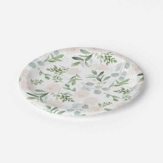 Waterverf Greenery en White Flowers Pattern Papieren Bordje (Gekanteld)