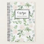 Waterverf Greenery en White Flowers Pattern Planner<br><div class="desc">Schrijf uw plannen en schema met dit groene notitieboek. Het bevat waterverf afbeeldingen van witte bloemen,  eucalyptus en andere bladeren. Personaliseer door jouw naam of korte zin toe te voegen. Deze bloemplanner zal perfect zijn als een persoonlijk geschenk. Overeenkomende objecten zijn beschikbaar.</div>