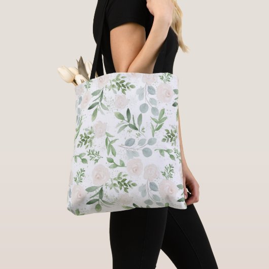 Waterverf Greenery en White Flowers Pattern Tote Bag (Dichtbij)