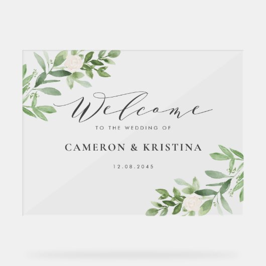 Waterverf Greenery en White Flowers Wedding Acryl Bord (Voorkant)