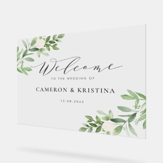 Waterverf Greenery en White Flowers Wedding Acryl Bord (Hoek)