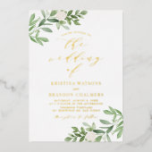 Waterverf Greenery en White Flowers Wedding Folie Uitnodiging (Voorkant)
