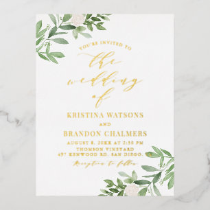 Waterverf Greenery en White Flowers Wedding Folie Uitnodiging Briefkaart