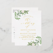 Waterverf Greenery en White Flowers Wedding Folie Uitnodiging Briefkaart (Voorkant / Achterkant)