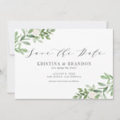 Waterverf Greenery en White Flowers Wedding Grey Save The Date (Voorkant)