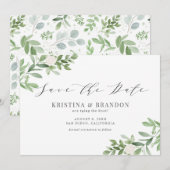 Waterverf Greenery en White Flowers Wedding Grey Save The Date (Voorkant / Achterkant)