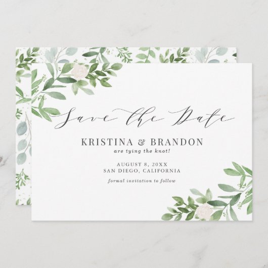 Waterverf Greenery en White Flowers Wedding Grey Save The Date (Voorkant / Achterkant)