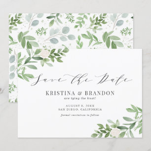 Waterverf Greenery en White Flowers Wedding Grey Save The Date