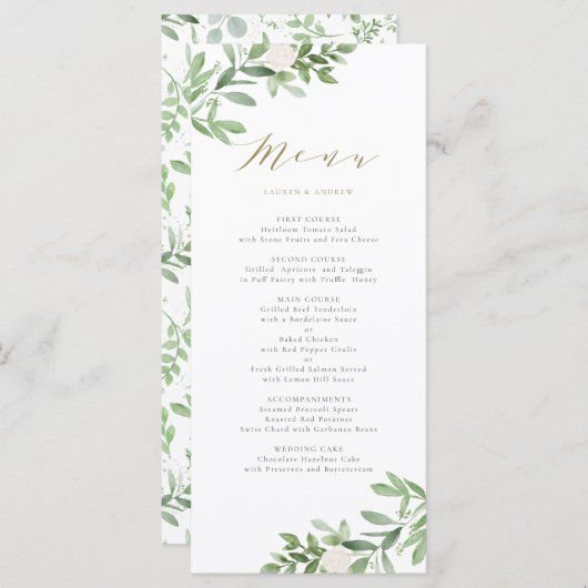 Waterverf Greenery en White Flowers Wedding Menu (Voorkant / Achterkant)